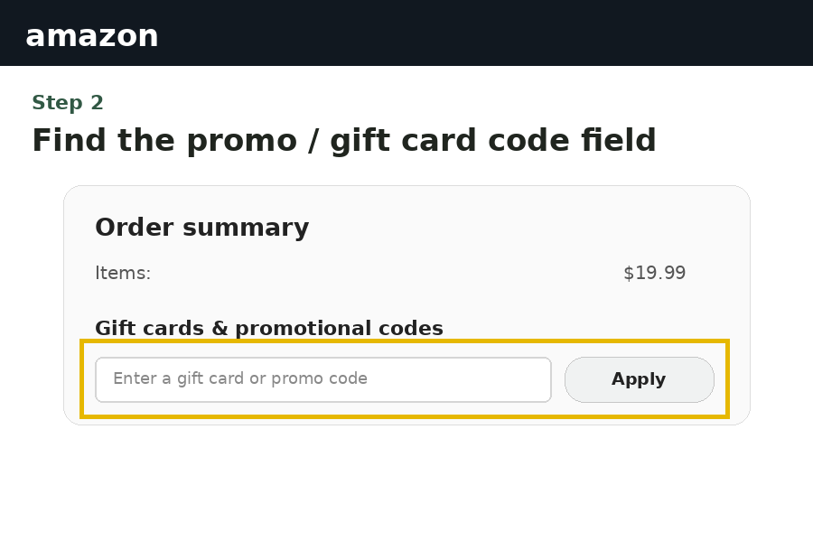 Illustration highlighting the promotional code field at Amazon checkout